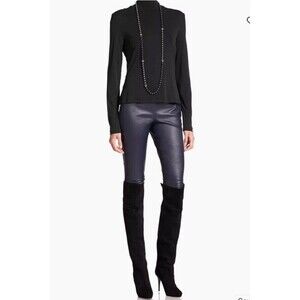 Womens St. John Caviar Black Long Sleeve Jersey Turtleneck Top Blouse XL *